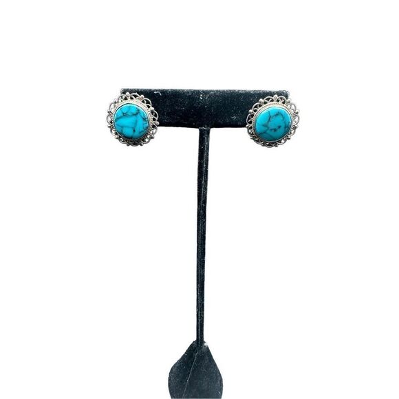 Vintage Mexico Sterling Silver Round Turquoise Disk former screw back converted - Picture 1 of 10